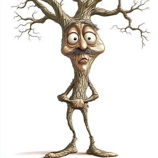 Humorous caricature of a bare tree with human characteristics