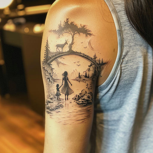 Mother and daughter tattoos of surreal landscapes on the arm