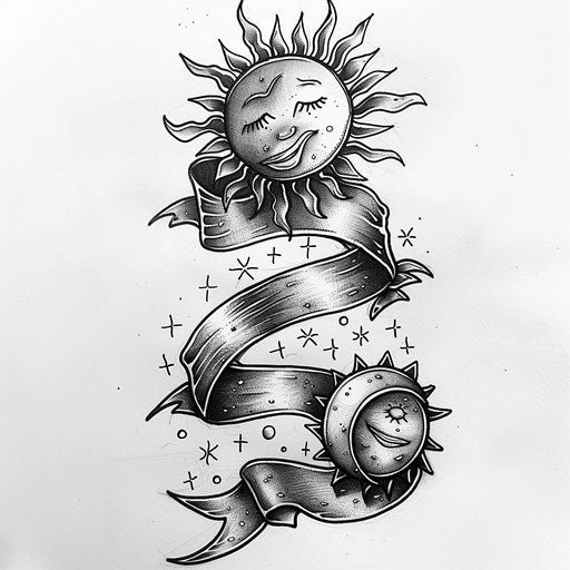 Celestial ribbon tattoo sketch with suns and moons