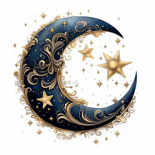 Moon and stars clipart in the style of Chiaroscuro Art, on white background