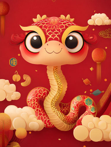 Cute Chinese snake on red background, cartoon style