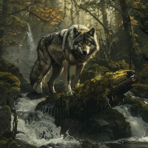 Majestic wolf on a moss-covered log over a bubbling brook in a thick forest
