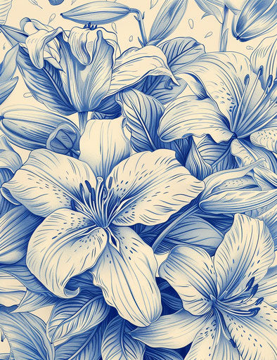 Blue drawing of lilies, detailed linework style, detailed miniatures