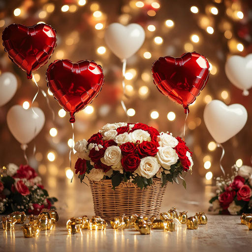 Romantic atmosphere with heart-shaped balloons and roses