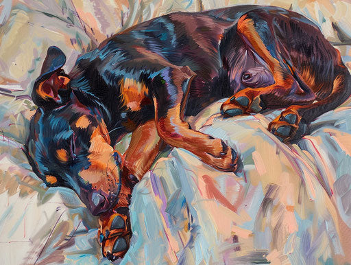 The doberman puppy sleeps on the bed, light maroon and dark aquamarine style, piles, raw and unpolished, full of movement 4:3