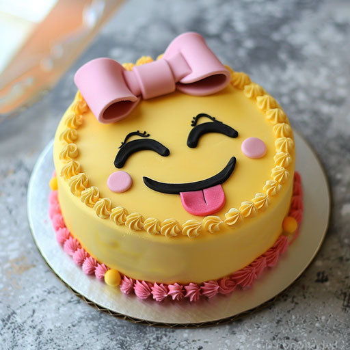 Adorable cake with winking smiley emoji and pink bow