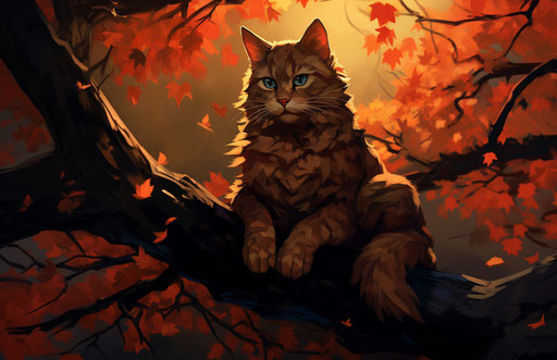 Red cat sitting on a tree branch, dark gold and light brown style