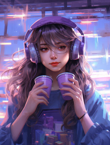 Girl in purple dress with coffee and headphones, cyberpunk manga style
