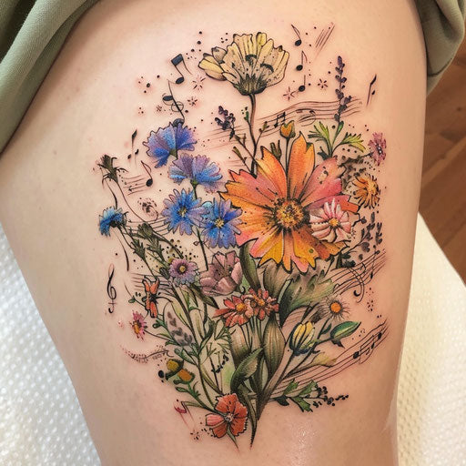 Wildflower tattoo with musical notes, vibrant colors, flowing design, harmonious