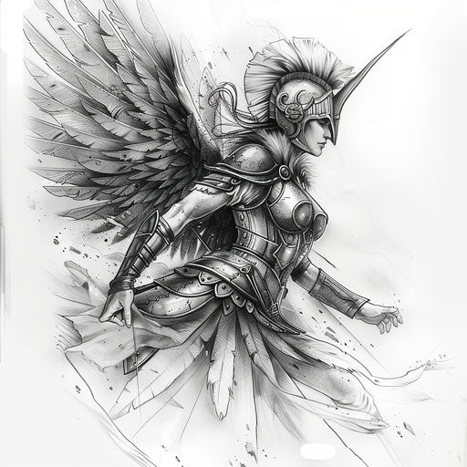 Norse Valkyrie tattoo in silver and grey mid-flight