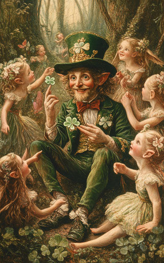 The leprechaun in the enchanted forest with fairies and elves