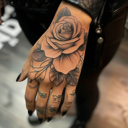 Rose hand tattoo in the style of Ami James featuring a black and grey realistic rose