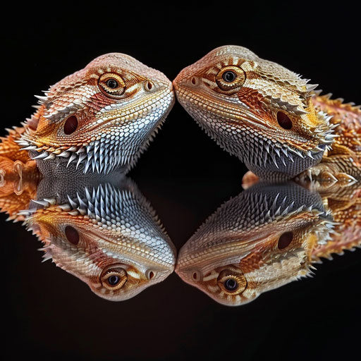 A bearded dragon beside its reflection, exploring identity