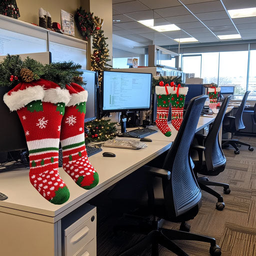 Festive office decor with Christmas socks at each desk