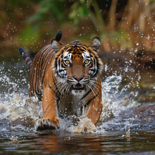 Sunda tiger chasing prey across river with splashes