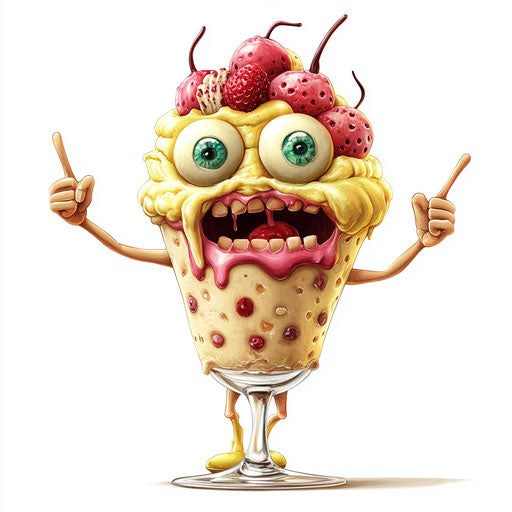 Humorous caricature of an astounding ice cream sundae with human characteristics