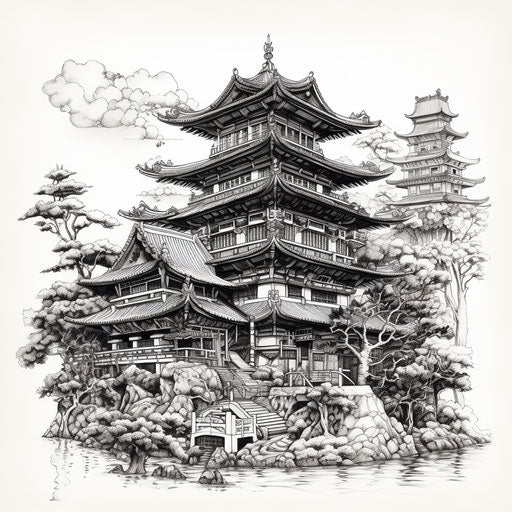 Black and white drawing of a stylized temple