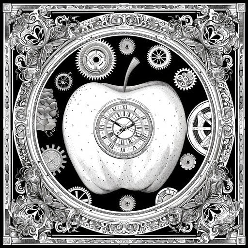 Apple surrounded by intricate gears and clockwork, Mark Schultz style