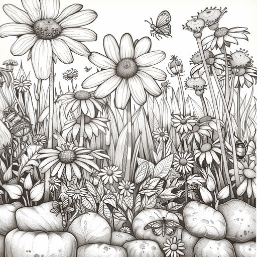 Detailed garden scene with blooming flowers and insects