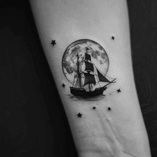 Pirate ship tattoo with moon and stars in minimalist style