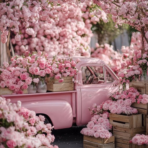 Vintage truck with pink roses in the trunk, photo shoot backdrop