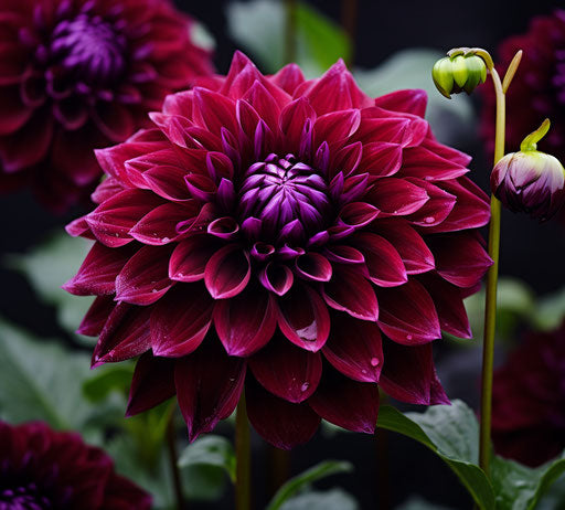 Purple dahlia plant with green leaves, dark maroon style