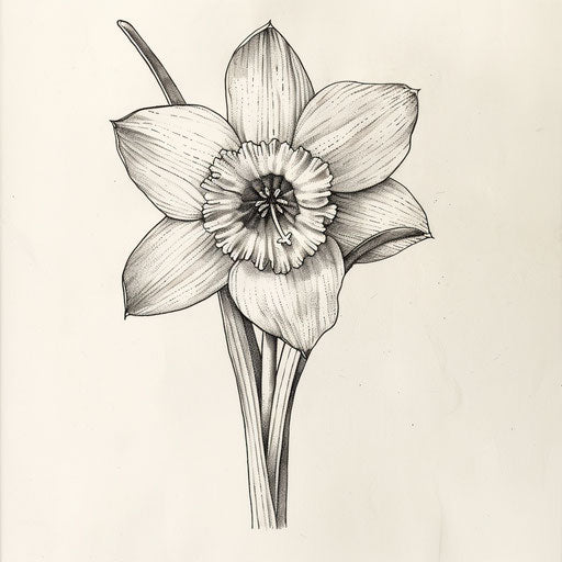 Botanical illustration of a narcissus flower tattoo, scientific accuracy on white paper.