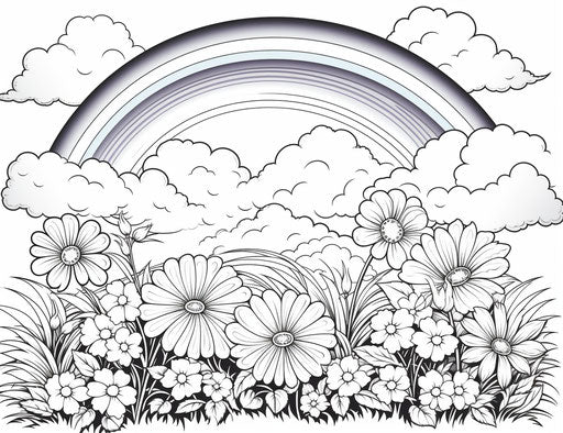 Sun, rainbow and flowers coloring pages picture