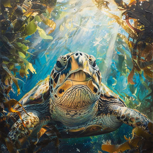 Sea turtle peering through dense kelp forest
