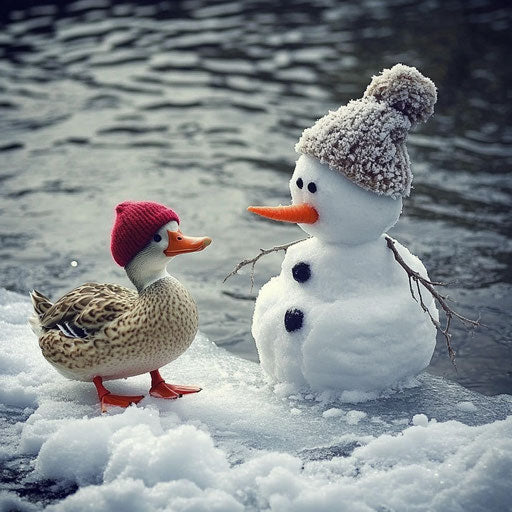 Snowman by frozen pond, snowy duck with carrot nose keeping him company