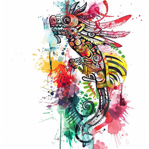 Stylized Mayan animal motifs tattoo in watercolor style