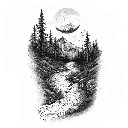 Elegant line art tattoo design of a river winding through a forest, with a fishing theme, on white background