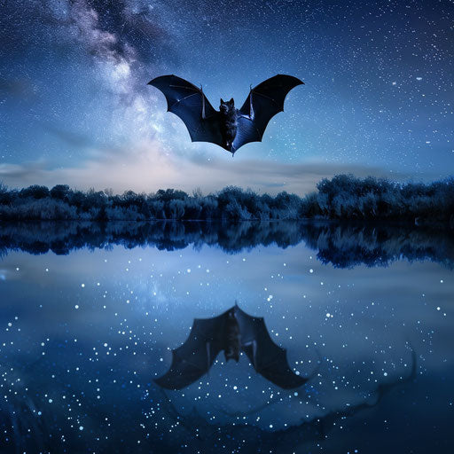 Bat flying over a serene lake under a starry sky