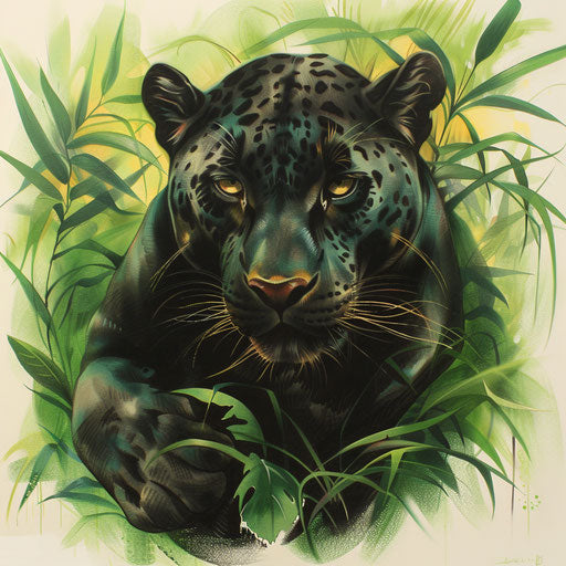 Illustration of traditional panther tattoo in striking pose, on lush green background, on white canvas