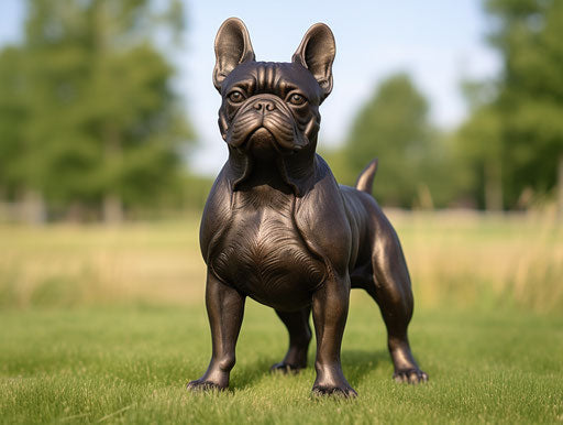 French Bulldog standing with tongue out in dark gold grass