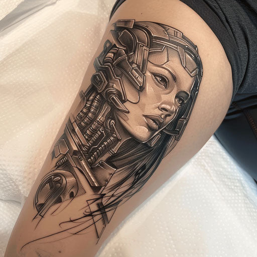 Biomechanical style tattoo of Persephone merging with futuristic machinery in metallic tones on white background