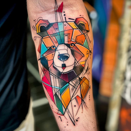 Geometric teddy bear tattoo with vibrant colors