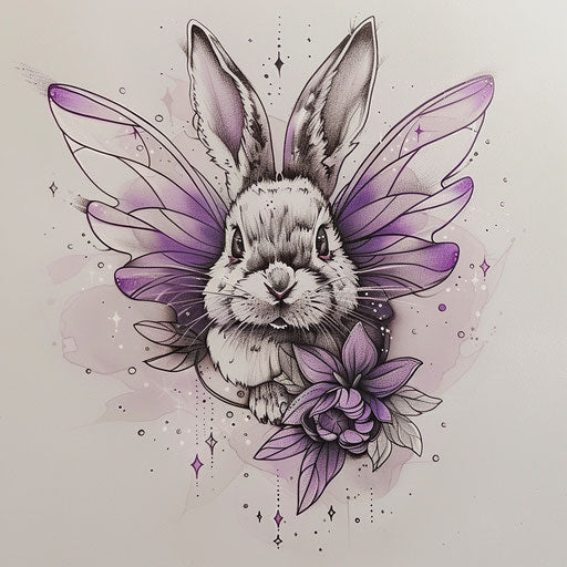 Magical flat tattoo sketch of a bunny with fairy wings and sparkling stardust in lilac and silver
