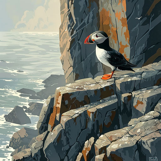 Puffin on a rugged and rocky coastline