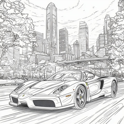 Ferrari in a city at dusk, detailed and realistic style