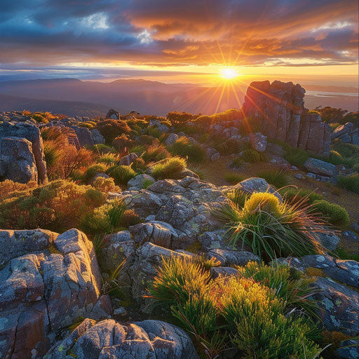 Mount Wellington, Tasmania illuminated by golden hour light, in the style of Kevin McNeal