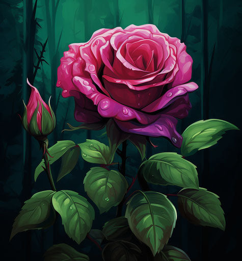 Single pink rose in front of green leaves, dark magenta and light crimson