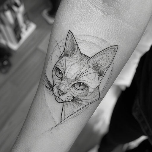Elegant tattoo sketch of a cat's face, minimalist style