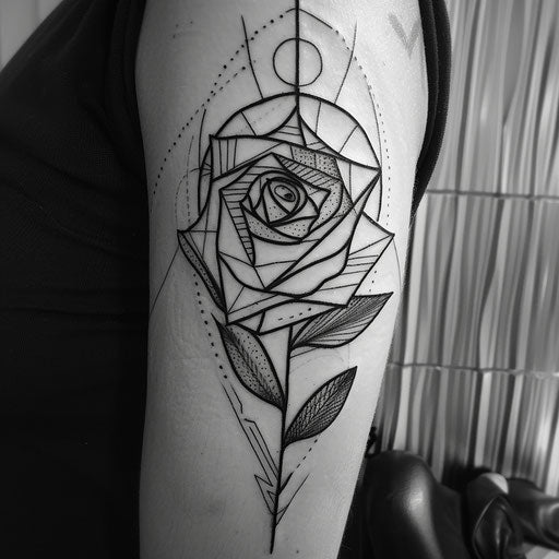 Contemporary flat tattoo sketch of a gypsy rose with minimalist black and white contrasts
