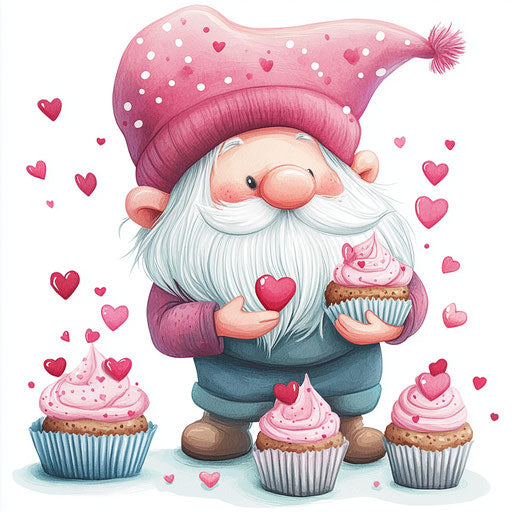 Valentine's Day gnome making cupcakes and pink decorations