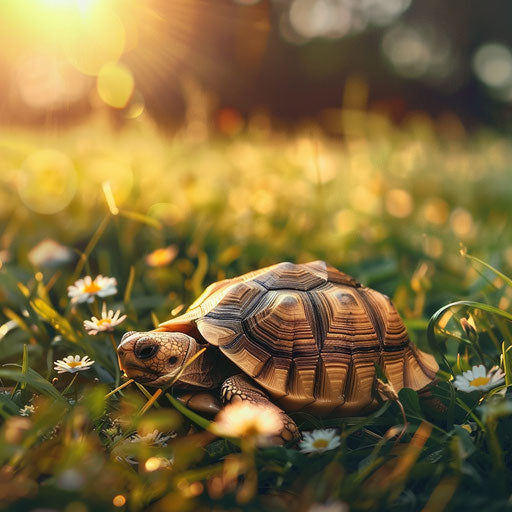 Tortoise walking in a grassy meadow