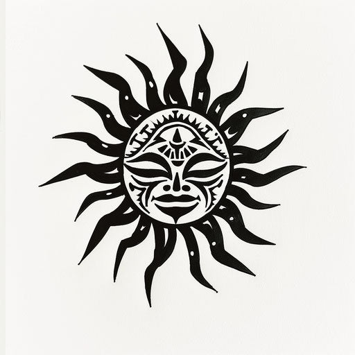 Sketch of a tribal sun with sharp rays and patterns, clipart style, flat black ink