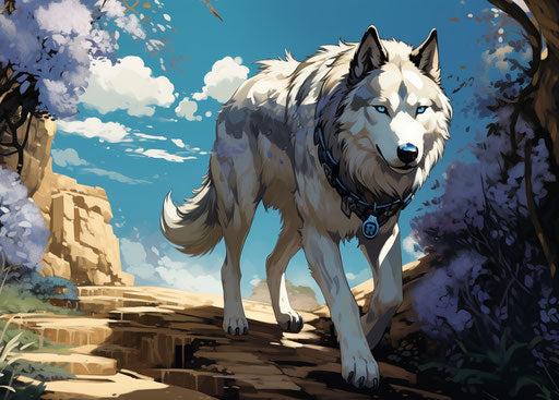 A husky walking near bushes, dark silver and light blue style, bold yet graceful