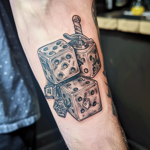 Dice tattoo with heroic elements, in the style of Glenn Fabry