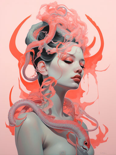 Woman with snakes, realistic yet stylized, coralpunk style